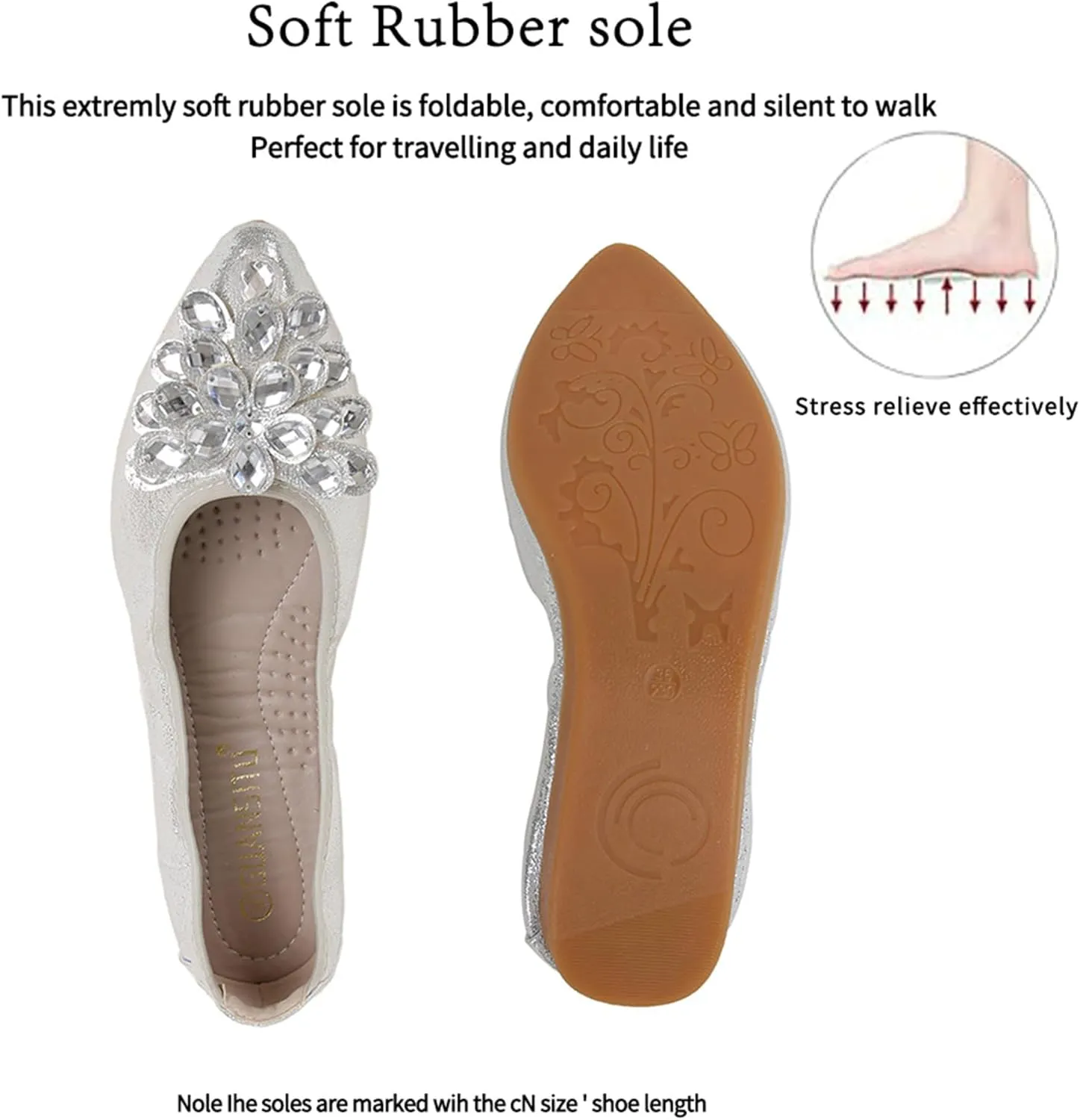 Flats Shoes for Women Rhinestone Wedding Ballerina Shoes Foldable Sparkly Comfort Slip on Flat Dressy Flats