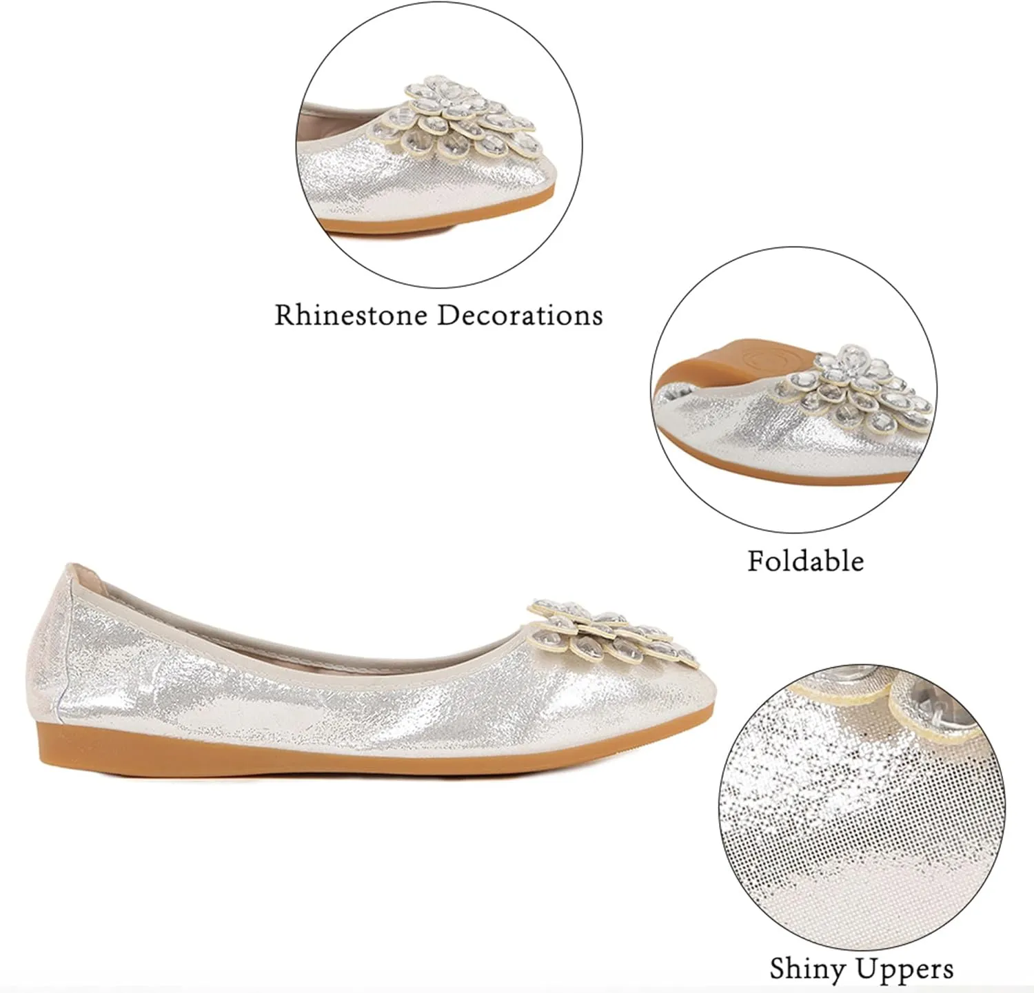 Flats Shoes for Women Rhinestone Wedding Ballerina Shoes Foldable Sparkly Comfort Slip on Flat Dressy Flats