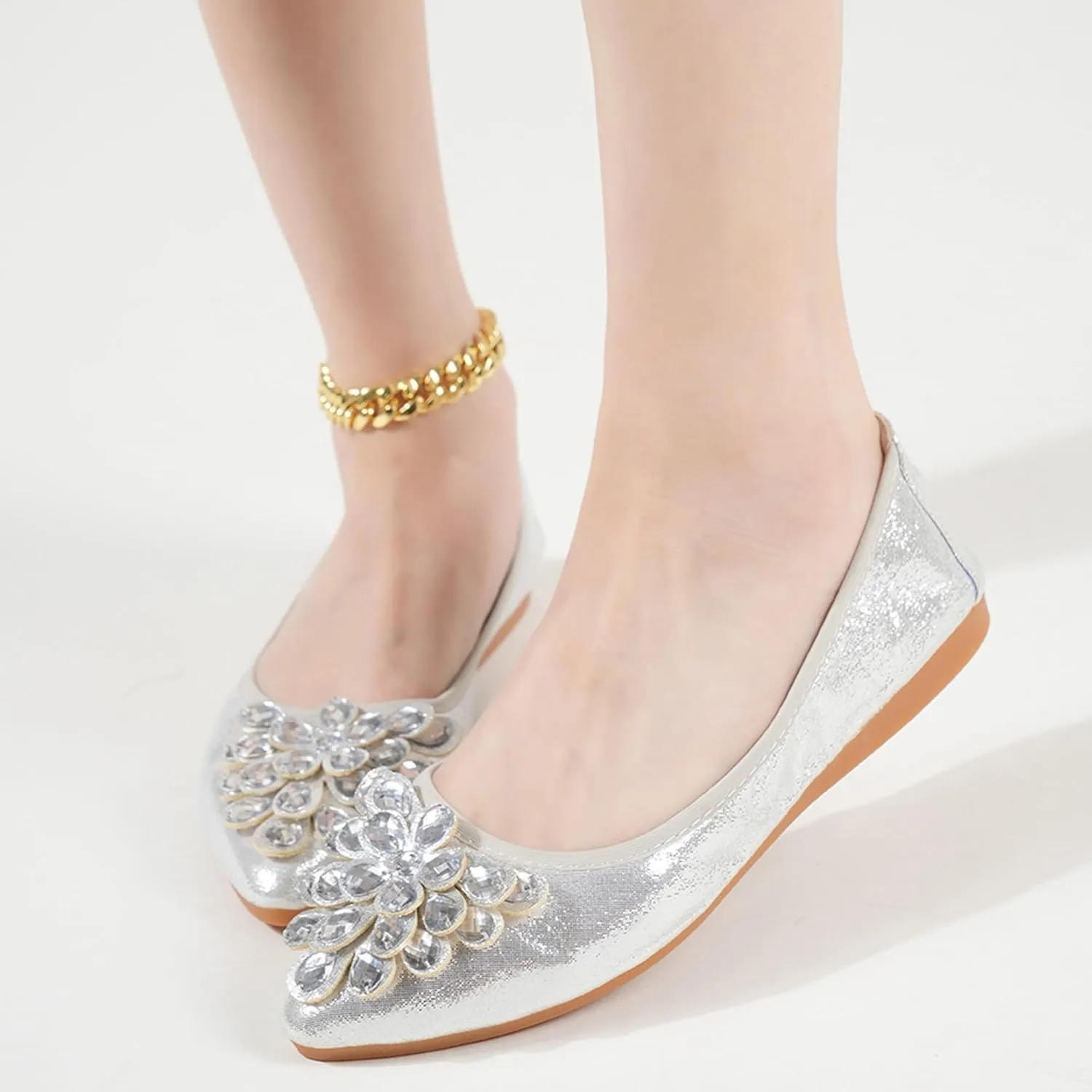 Flats Shoes for Women Rhinestone Wedding Ballerina Shoes Foldable Sparkly Comfort Slip on Flat Dressy Flats