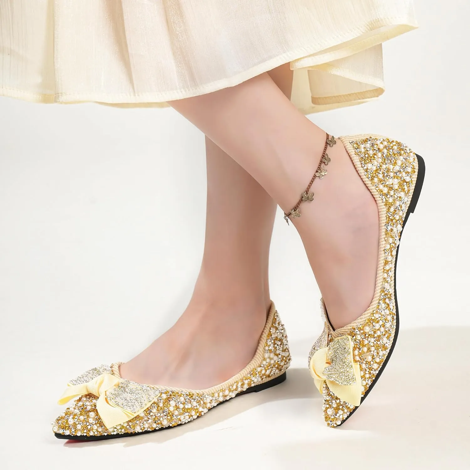 Flats Shoes Women Rhinestone Wedding Flats Pointed Toe Ballet Flat Shoe Low Heel Dress Shoes Sparkly Flats for Women