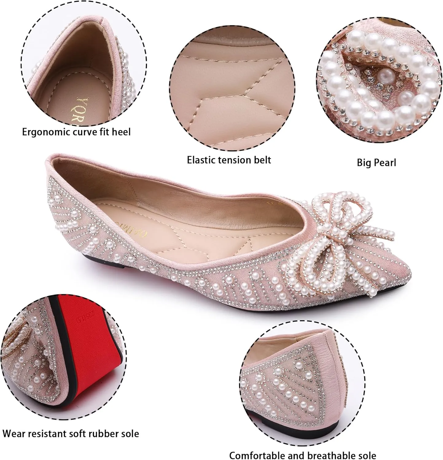 Flats Shoes Women Rhinestone Wedding Flats Pointed Toe Ballet Flat Shoe Low Heel Dress Shoes Sparkly Flats for Women
