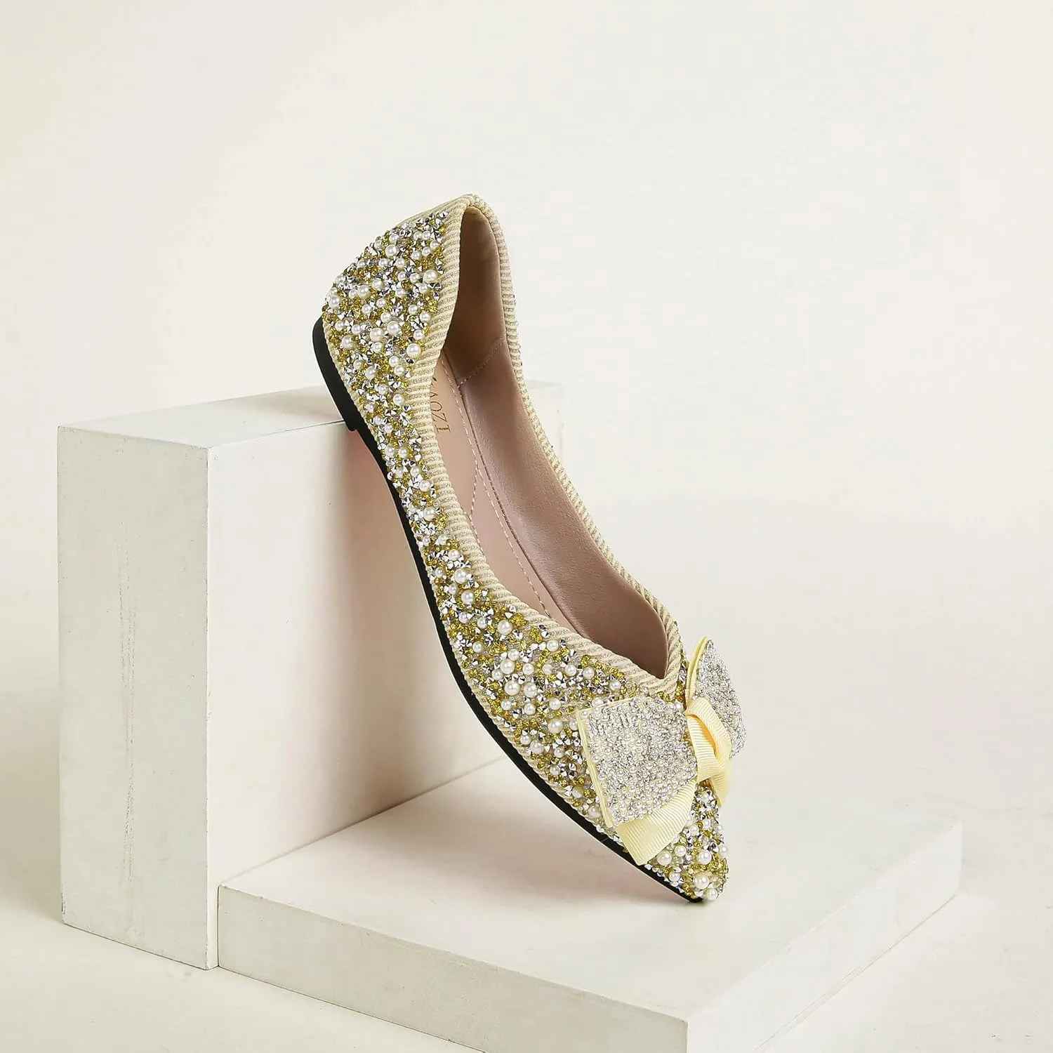 Flats Shoes Women Rhinestone Wedding Flats Pointed Toe Ballet Flat Shoe Low Heel Dress Shoes Sparkly Flats for Women