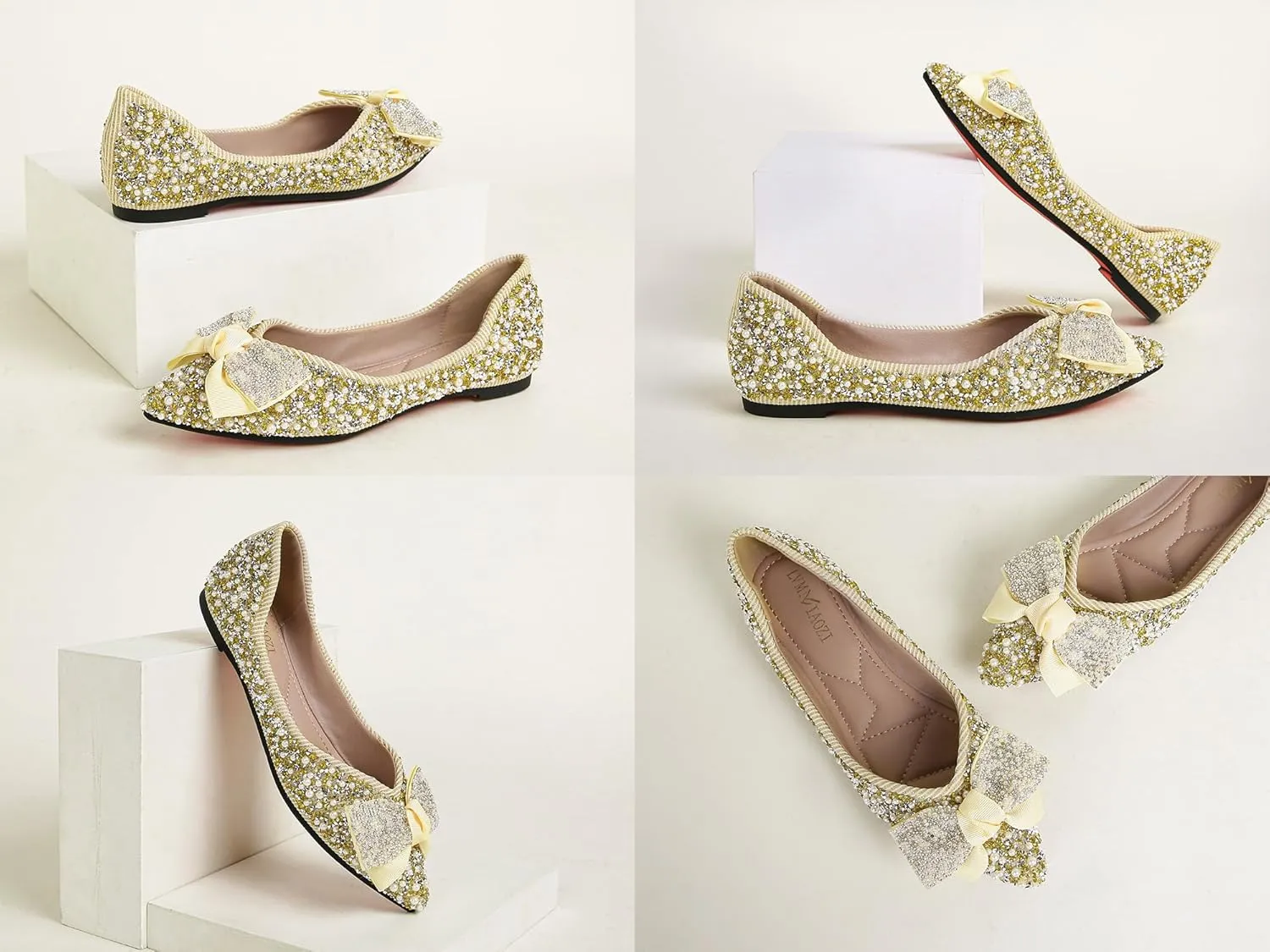 Flats Shoes Women Rhinestone Wedding Flats Pointed Toe Ballet Flat Shoe Low Heel Dress Shoes Sparkly Flats for Women