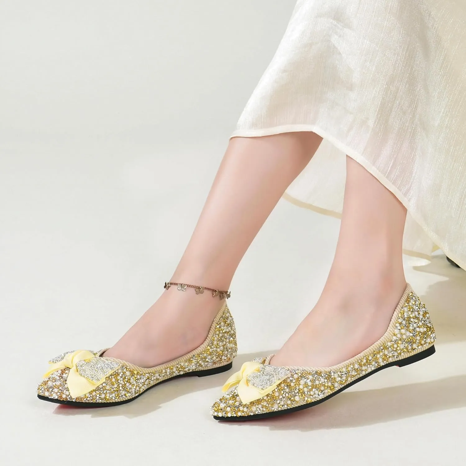 Flats Shoes Women Rhinestone Wedding Flats Pointed Toe Ballet Flat Shoe Low Heel Dress Shoes Sparkly Flats for Women