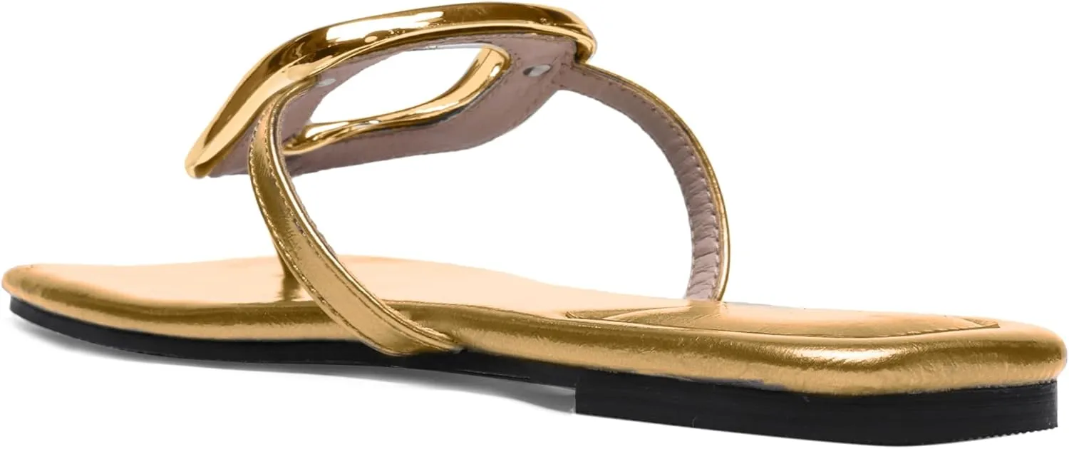Flip-Flops Sandals for Women Comfortable Open Square Toe Slip on Beach Thong Sandals Casual Fashion Ladies Slipper Dressy Metal Decoration Summer Shoes.