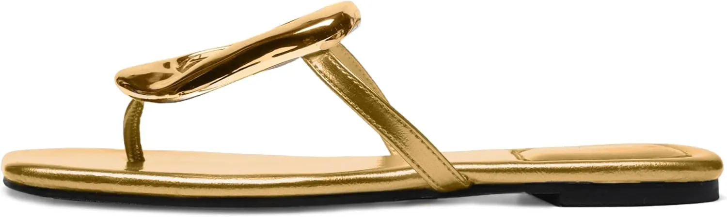 Flip-Flops Sandals for Women Comfortable Open Square Toe Slip on Beach Thong Sandals Casual Fashion Ladies Slipper Dressy Metal Decoration Summer Shoes.