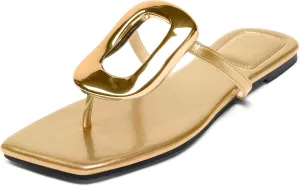 Flip-Flops Sandals for Women Comfortable Open Square Toe Slip on Beach Thong Sandals Casual Fashion Ladies Slipper Dressy Metal Decoration Summer Shoes.