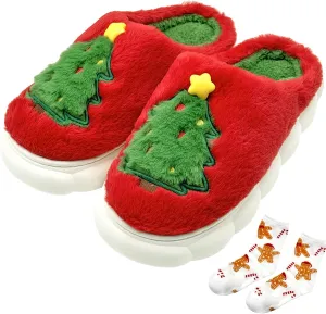 FOCUSIN Christmas Reindeer Slippers House Shoes for Women Fluffy Soft Cozy Bedroom Cartoon Plush Cute Slippers for Indoor Outdoor Use