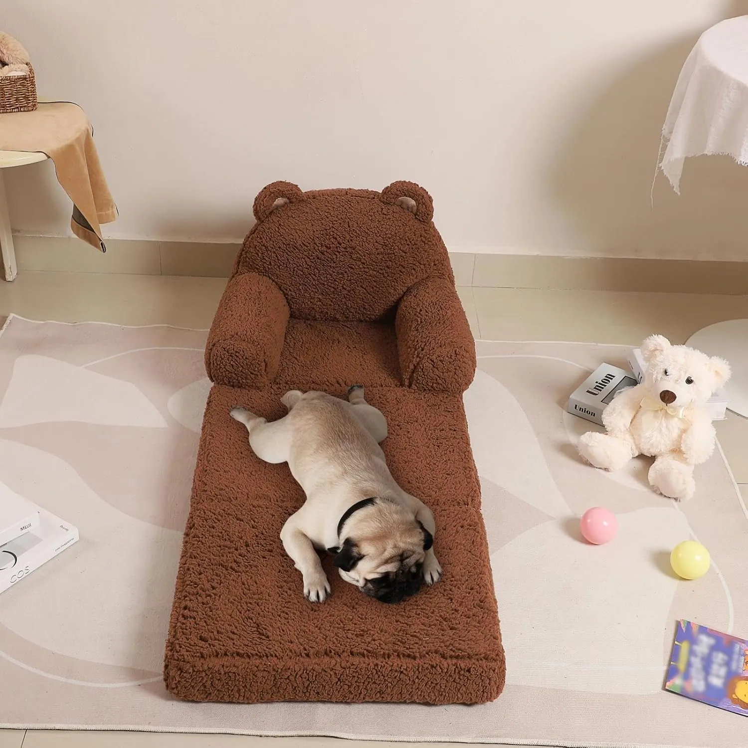 Foldable Kids Sofa, Sherpa Teddy Bear Toddler Couch with Tri Folding Foam Cushions, Comfy Couch for Kids Age 18 Months and Up