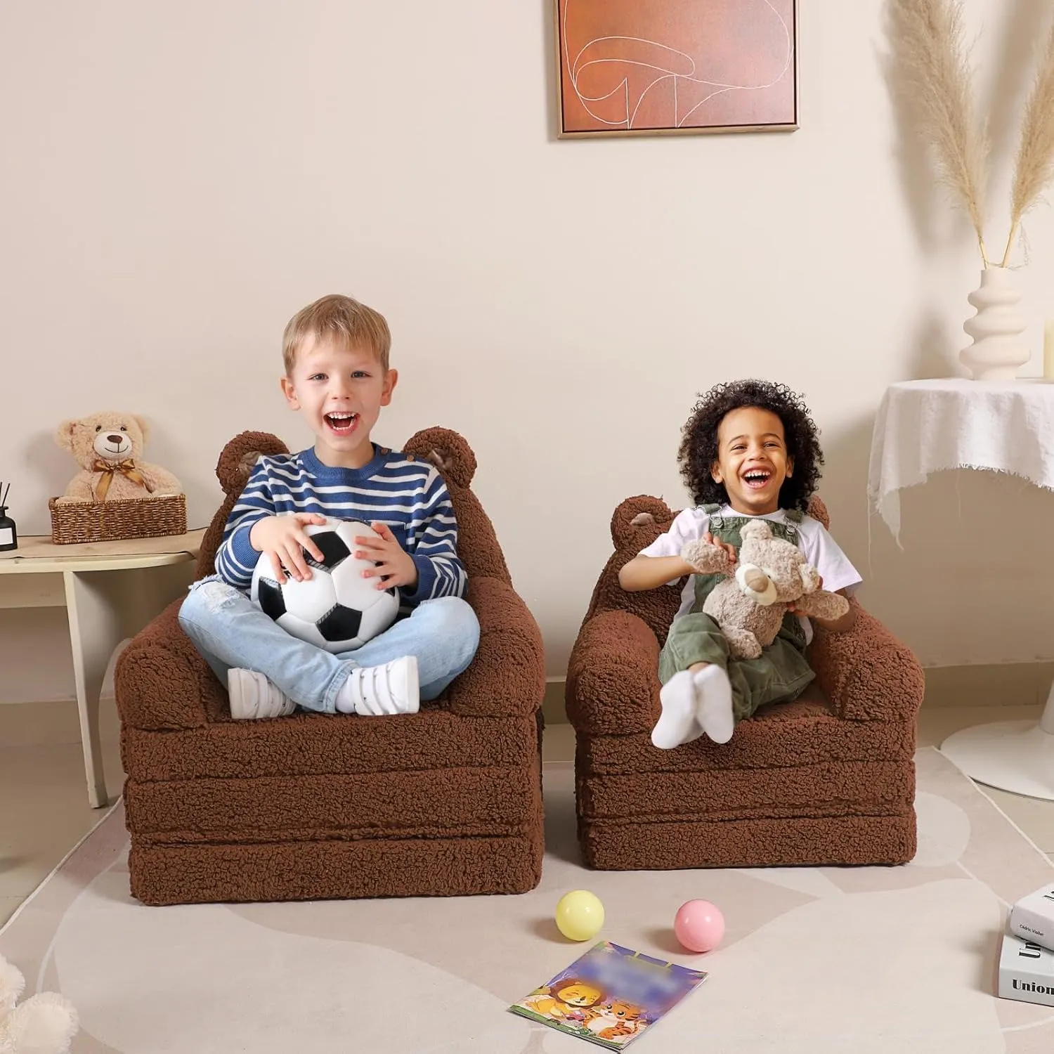 Foldable Kids Sofa, Sherpa Teddy Bear Toddler Couch with Tri Folding Foam Cushions, Comfy Couch for Kids Age 18 Months and Up