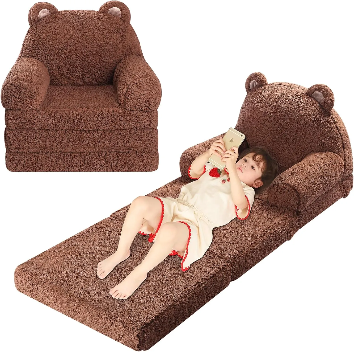 Foldable Kids Sofa, Sherpa Teddy Bear Toddler Couch with Tri Folding Foam Cushions, Comfy Couch for Kids Age 18 Months and Up