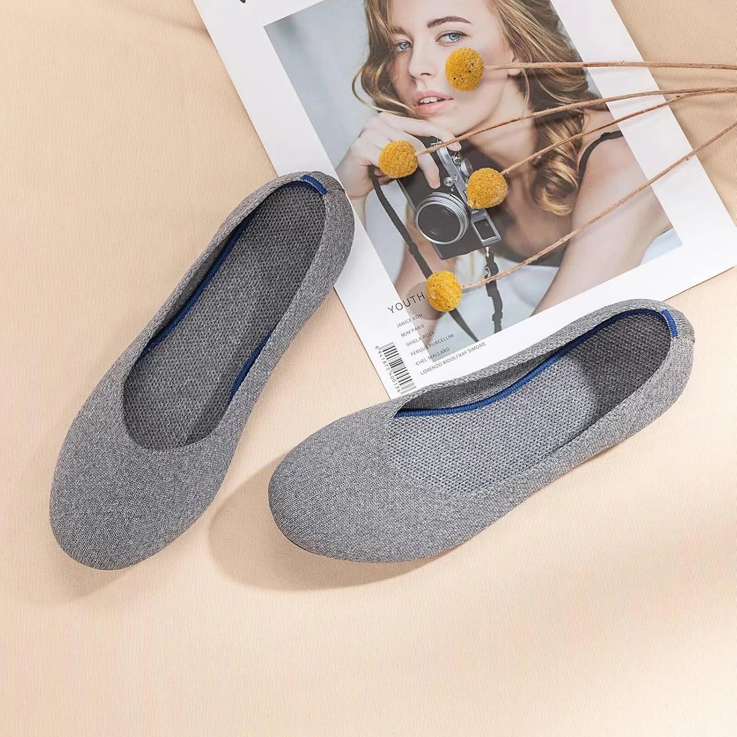 Frank Mully Women’s Ballet Flat Shoes Knit Dress Shoes Round Toe Slip On Ballerina Walking Flats Shoes for Woman Low Wedge Comfort Soft