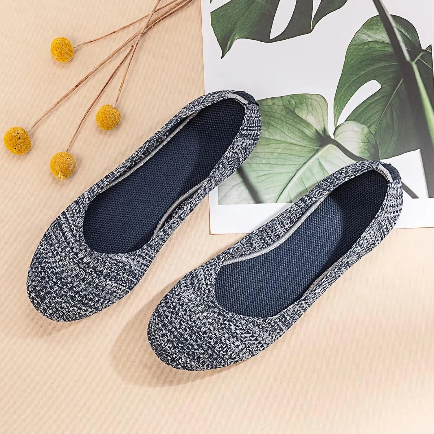 Frank Mully Women’s Ballet Flat Shoes Knit Dress Shoes Round Toe Slip On Ballerina Walking Flats Shoes for Woman Low Wedge Comfort Soft