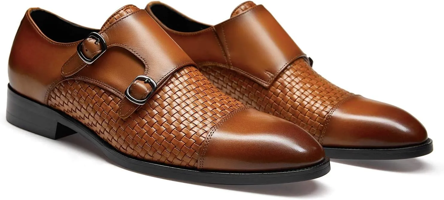 FRASOICUS Men ’s Dress Shoes Genuine Leather Single Monk Strap Slip-On Shoes for Formal Occasions