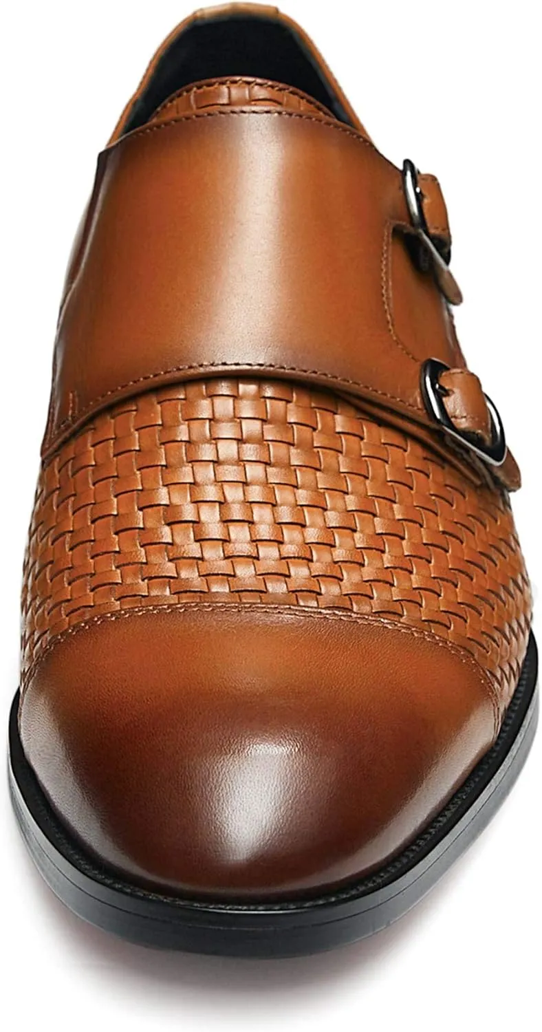 FRASOICUS Men ’s Dress Shoes Genuine Leather Single Monk Strap Slip-On Shoes for Formal Occasions