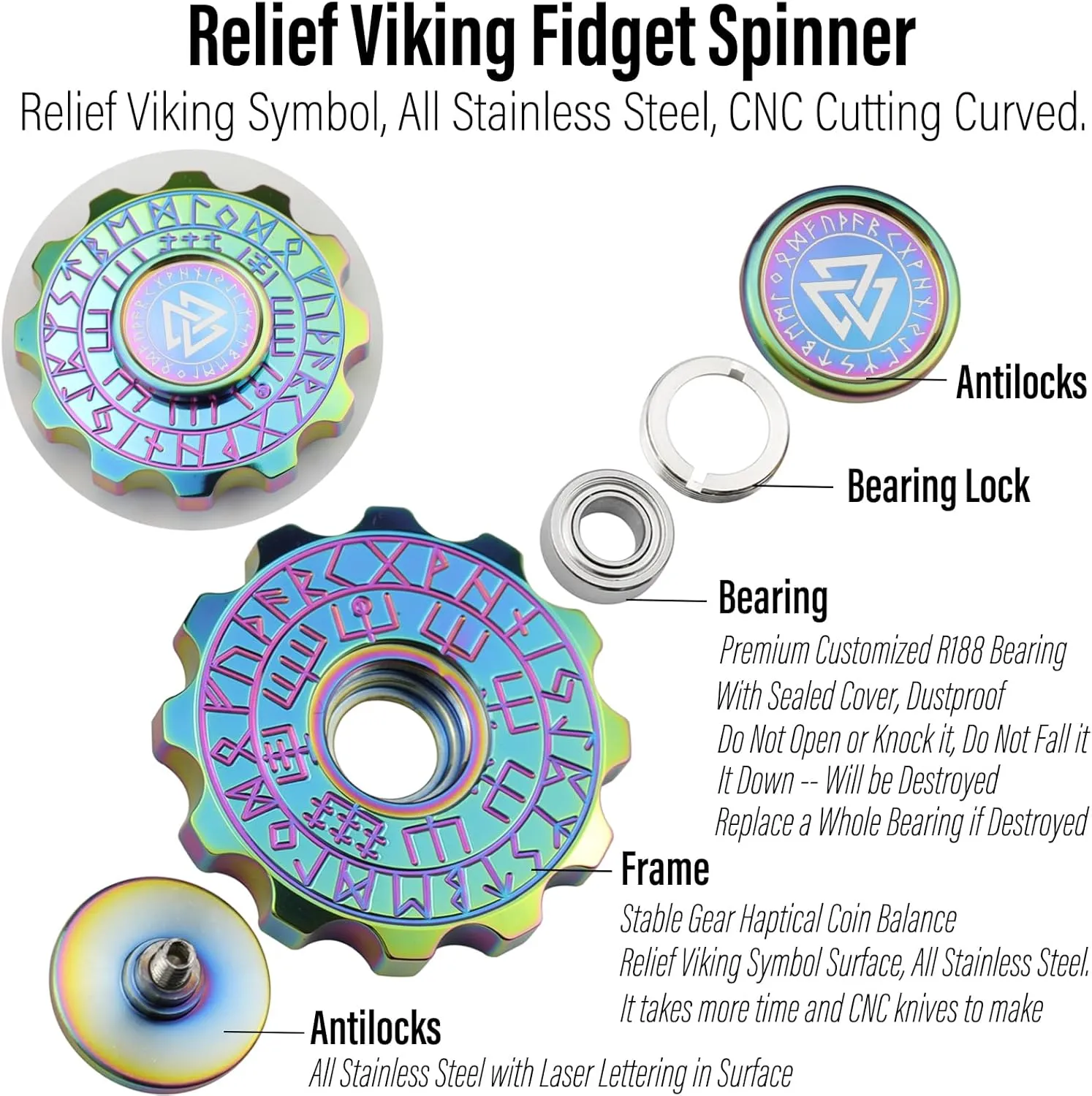 FREELOVE Viking Pirate Fidget Spinners for Adults, Heavy Metal Figette Spin, Premium Bearing, Silent Long Spinning, Small Gossip Desgin, Stainless Steel Rainbow