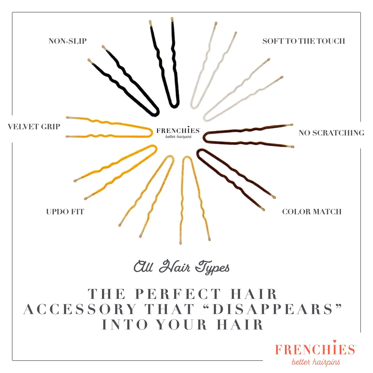 Frenchies French Twist Hair Pin, Ultra Flocked Extra Soft French Hair Pins for Women, Wedding, Updo Extensions, or Wig, 20 Count, Brown
