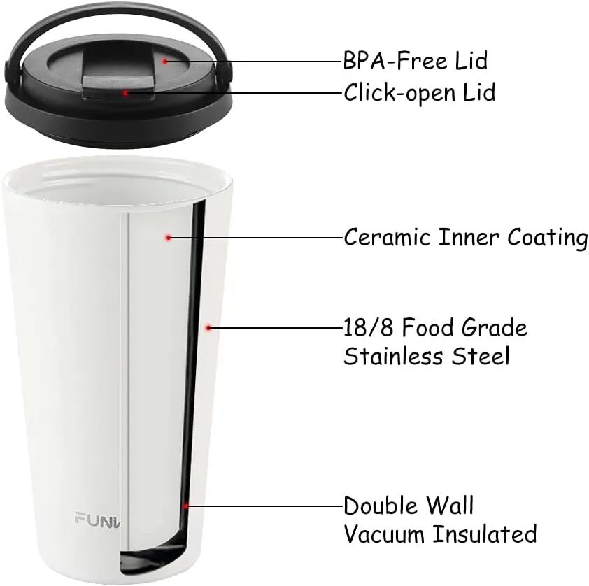 Funkrin Insulated Coffee Mug with Ceramic Coating, 16oz Iced Coffee Tumbler Cup with Flip Lid and Handle, Double Wall Vacuum Leak-Proof Thermos Mug for Travel Office School Party Camping