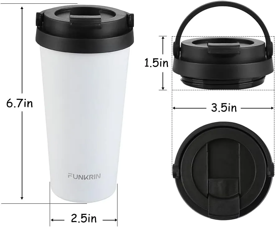 Funkrin Insulated Coffee Mug with Ceramic Coating, 16oz Iced Coffee Tumbler Cup with Flip Lid and Handle, Double Wall Vacuum Leak-Proof Thermos Mug for Travel Office School Party Camping