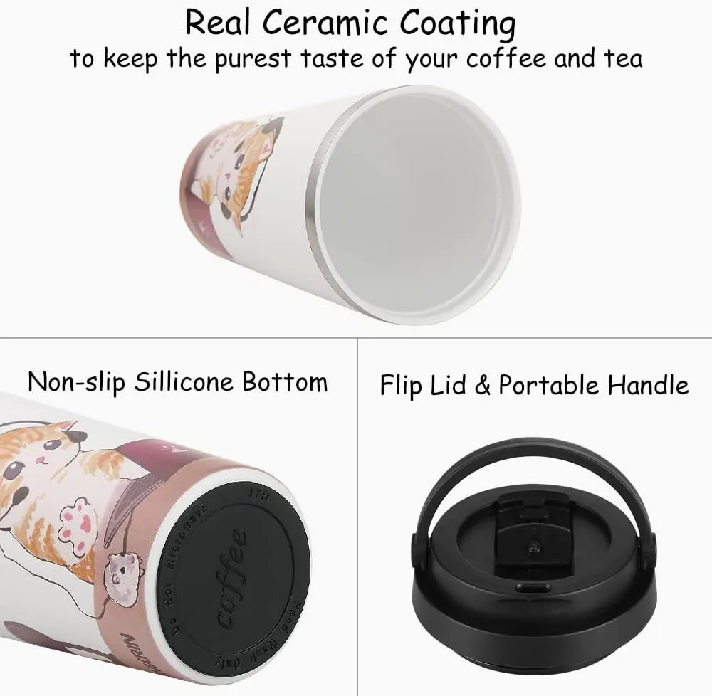 Funkrin Insulated Coffee Mug with Ceramic Coating, 16oz Iced Coffee Tumbler Cup with Flip Lid and Handle, Double Wall Vacuum Leak-Proof Thermos Mug for Travel Office School Party Camping