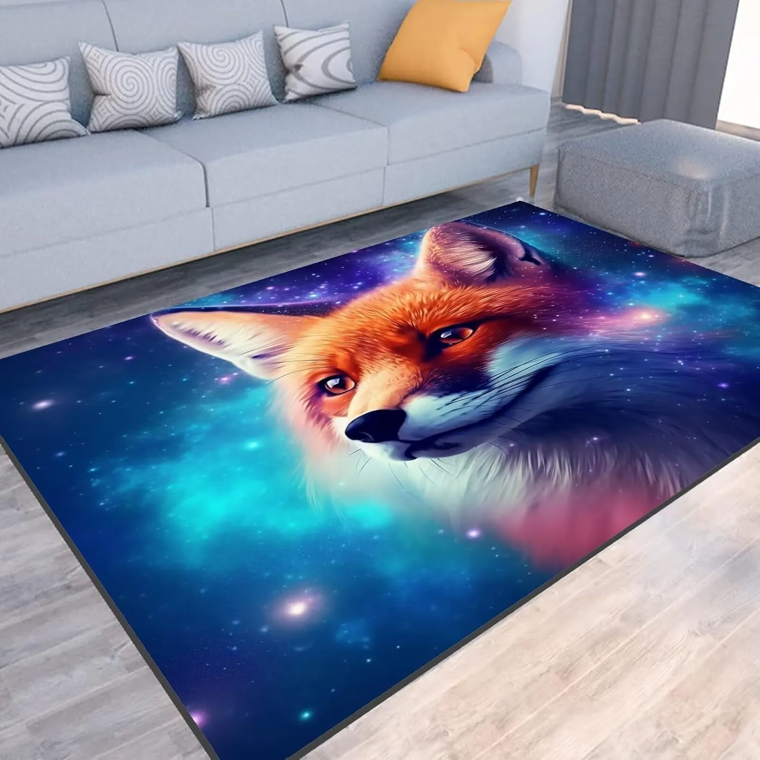 Galaxy Fox Rug 3D Cute Foxes Area Rugs for Bedroom Living Room Playroom Boys Kids Cartoon Colorful Carpet Glitter Stars Throw Rugs Floor Mat 47 in X 31 in