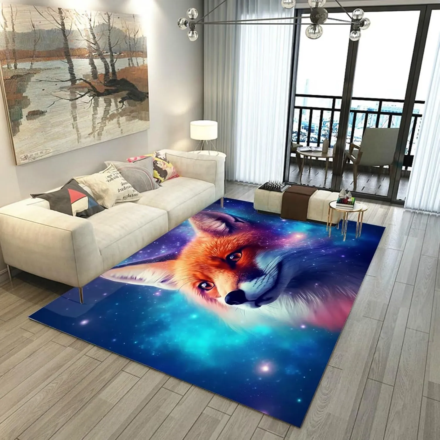 Galaxy Fox Rug 3D Cute Foxes Area Rugs for Bedroom Living Room Playroom Boys Kids Cartoon Colorful Carpet Glitter Stars Throw Rugs Floor Mat 47 in X 31 in