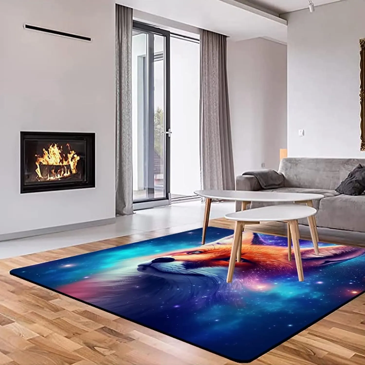 Galaxy Fox Rug 3D Cute Foxes Area Rugs for Bedroom Living Room Playroom Boys Kids Cartoon Colorful Carpet Glitter Stars Throw Rugs Floor Mat 47 in X 31 in