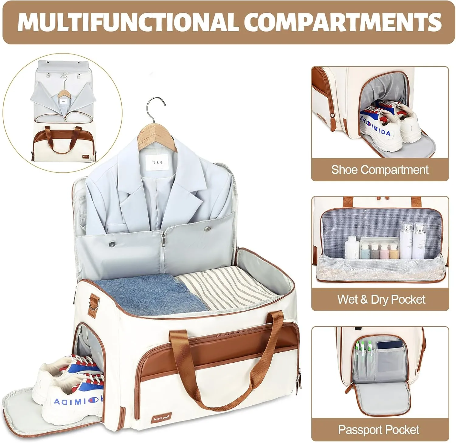 Garment Duffle Bags for Travel, Convertible Garment Bag for Men Women, Carry On Duffle Bag Backpack with Shoe Compartment & Toiletry Bag, 4 in 1 Hanging Suitcase Suit Travel Bags (Beige)