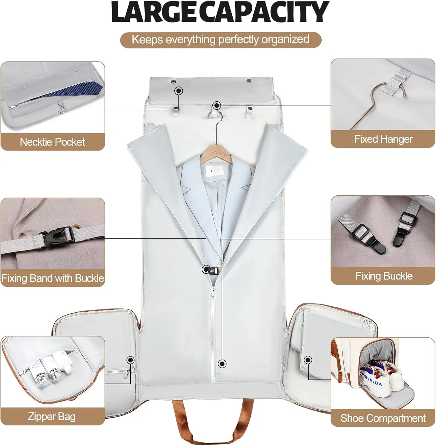 Garment Duffle Bags for Travel, Convertible Garment Bag for Men Women, Carry On Duffle Bag Backpack with Shoe Compartment & Toiletry Bag, 4 in 1 Hanging Suitcase Suit Travel Bags (Beige)