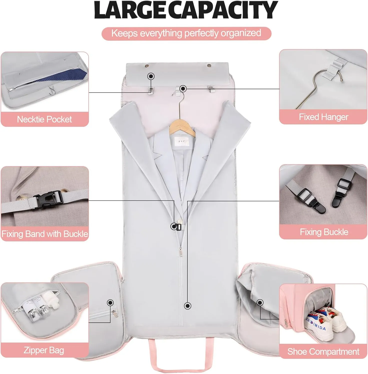 Garment Duffle Bags for Travel, Convertible Garment Bag for Men Women, Carry On Duffle Bag Backpack with Shoe Compartment & Toiletry Bag, 4 in 1 Hanging Suitcase Suit Travel Bags (Pink)
