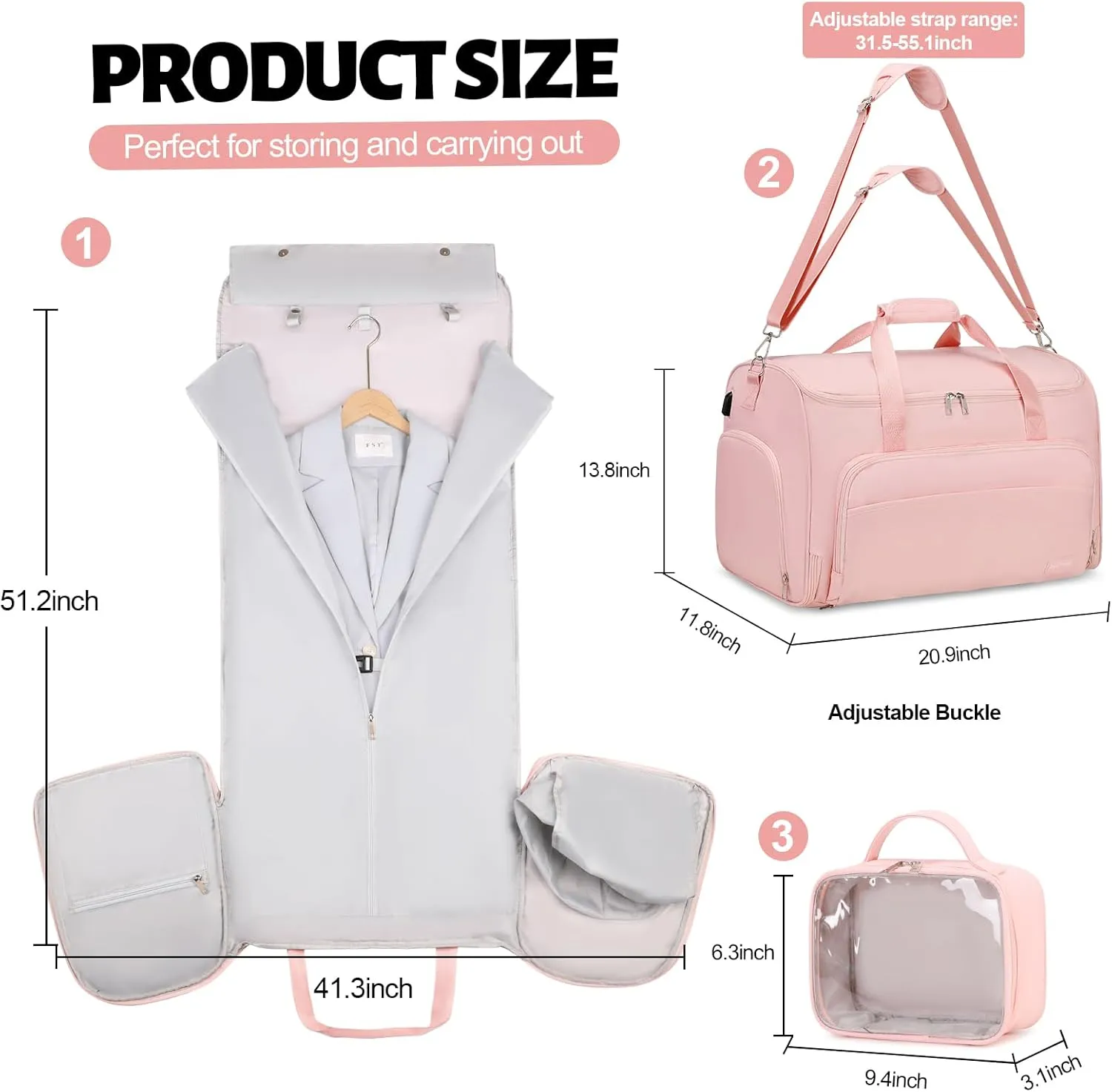 Garment Duffle Bags for Travel, Convertible Garment Bag for Men Women, Carry On Duffle Bag Backpack with Shoe Compartment & Toiletry Bag, 4 in 1 Hanging Suitcase Suit Travel Bags (Pink)