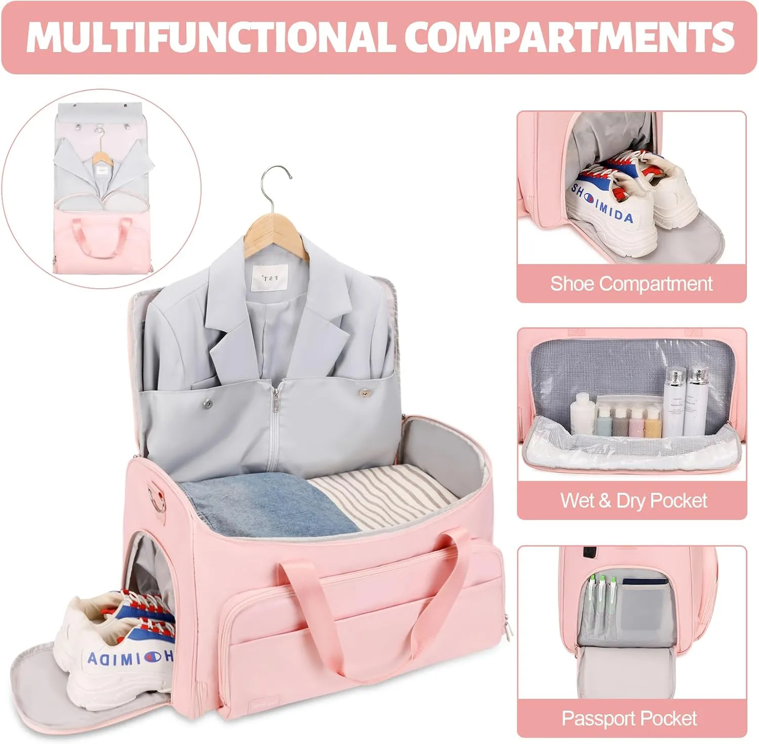 Garment Duffle Bags for Travel, Convertible Garment Bag for Men Women, Carry On Duffle Bag Backpack with Shoe Compartment & Toiletry Bag, 4 in 1 Hanging Suitcase Suit Travel Bags (Pink)