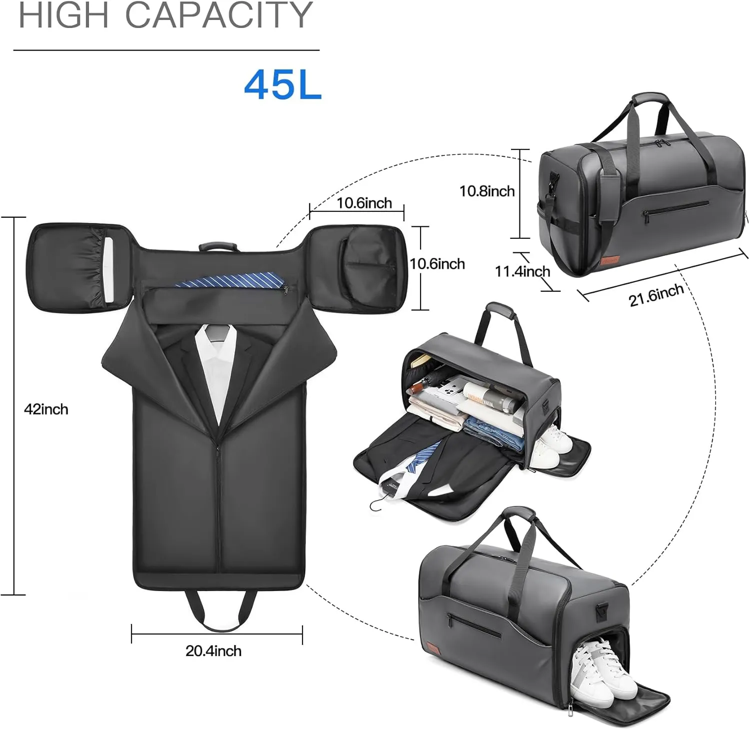 Garment Duffle Bags for Travel,Moulyan Convertible Garment Bag with Shoe Compartment,3 in 1 Waterproof Travel Suit Bag with Shoulder Strap for Men Women
