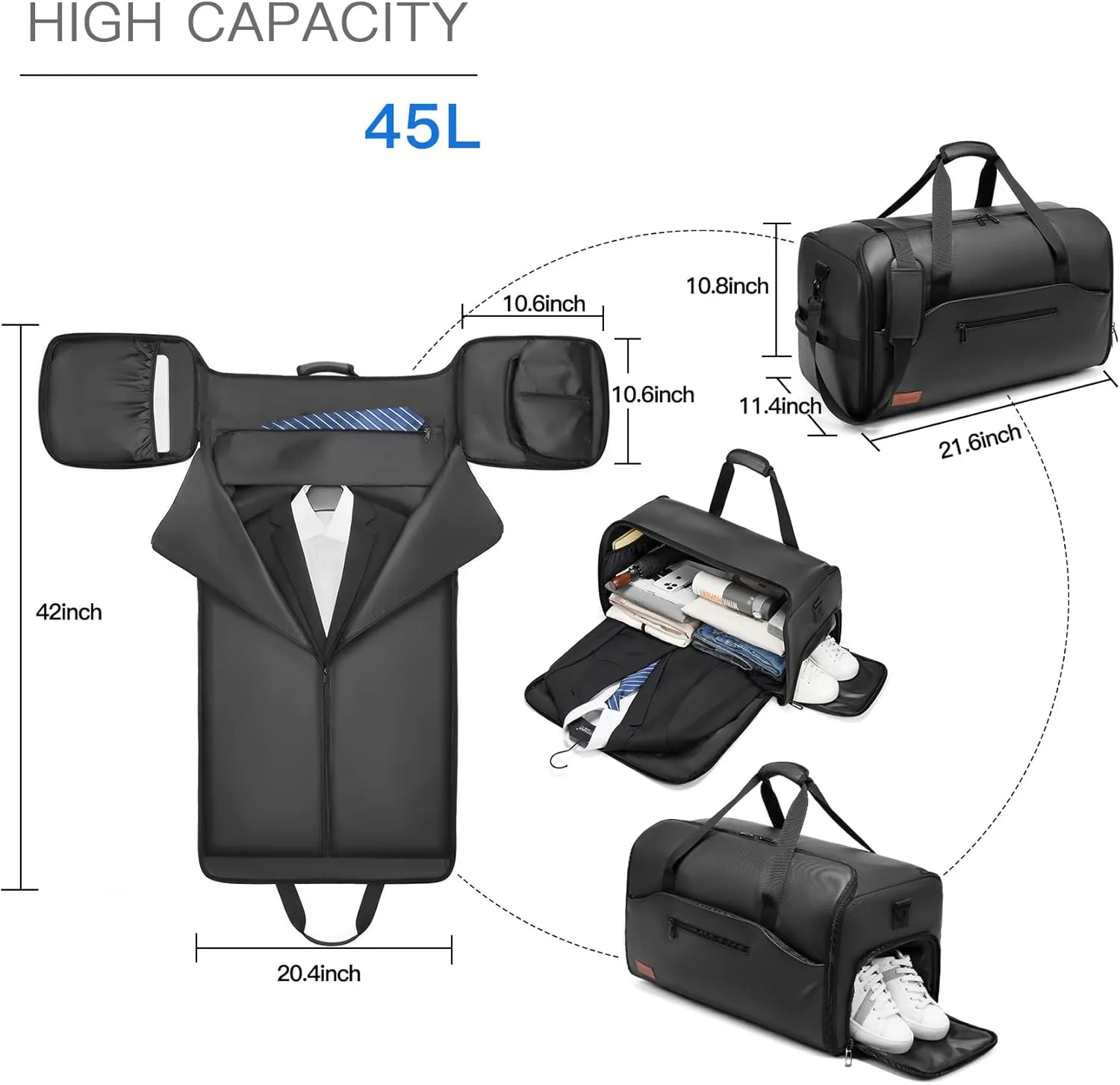 Garment Duffle Bags for Travel,Moulyan Convertible Garment Bag with Shoe Compartment,3 in 1 Waterproof Travel Suit Bag with Shoulder Strap for Men Women