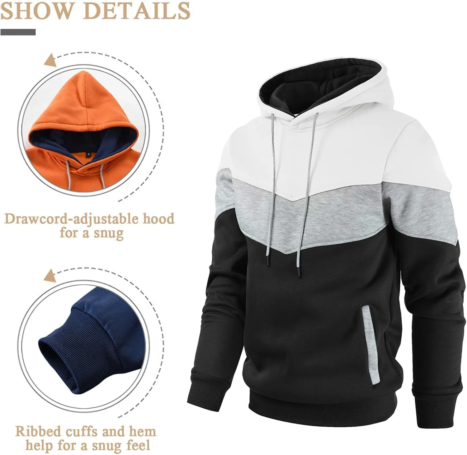 Gesean Men's Novelty Color Block Pullover Fleece Hoodie Long Sleeve Casual Sweatshirt with Pocket