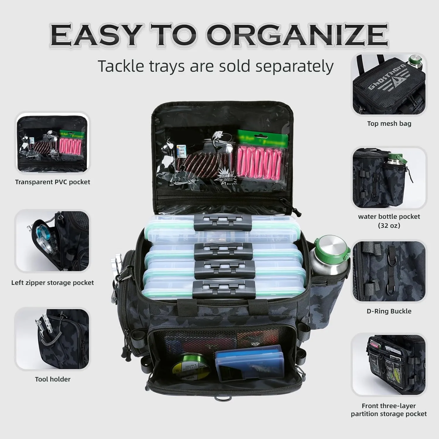 Ghosthorn Fishing Tackle Bag for Saltwater & Freshwater - Versatile Water Resistant Tackle Box Bag Stores Up to 6 Bait Boxes - Durable Fishing Gear Organizer
