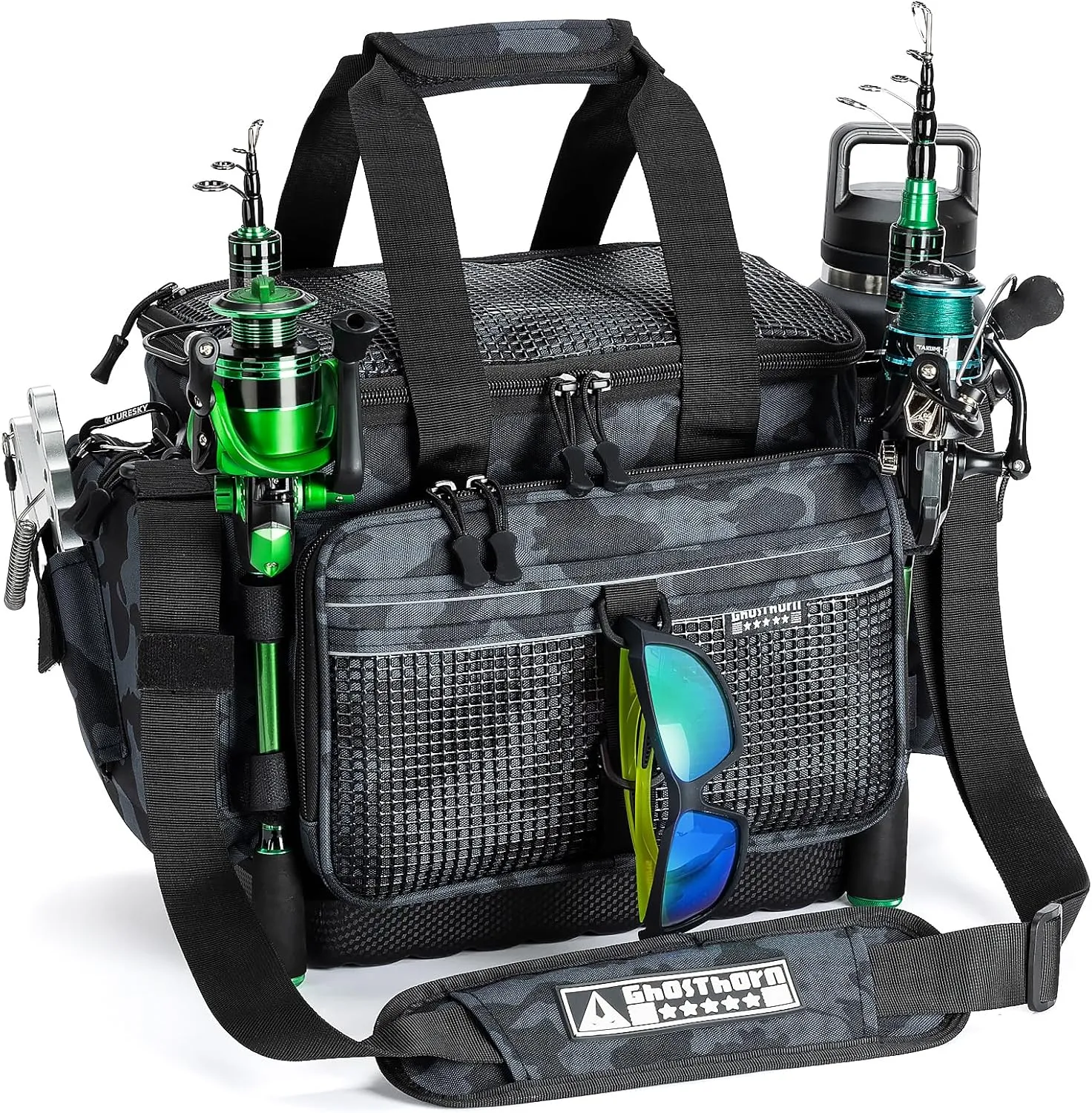 Ghosthorn Fishing Tackle Bag for Saltwater & Freshwater - Versatile Water Resistant Tackle Box Bag Stores Up to 6 Bait Boxes - Durable Fishing Gear Organizer