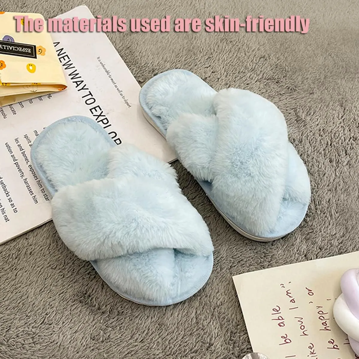 Girl's Fuzzy Fluffy Furry Slippers Fur Flip Flop Open Toe kids Slippers Cross Band Shoes Slides for Girls House Home Indoor Outdoor