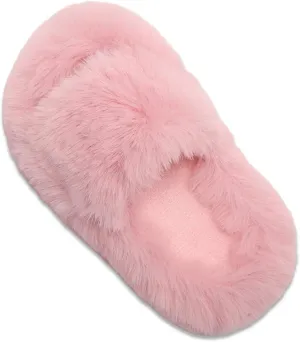 Girl's Fuzzy Fluffy Furry Slippers Fur Flip Flop Open Toe Slippers Cross Band Shoes Slides for Girls House Home Indoor Outdoor