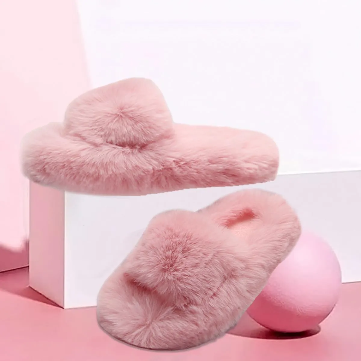 Girl's Fuzzy Fluffy Furry Slippers Fur Flip Flop Open Toe Slippers Cross Band Shoes Slides for Girls House Home Indoor Outdoor