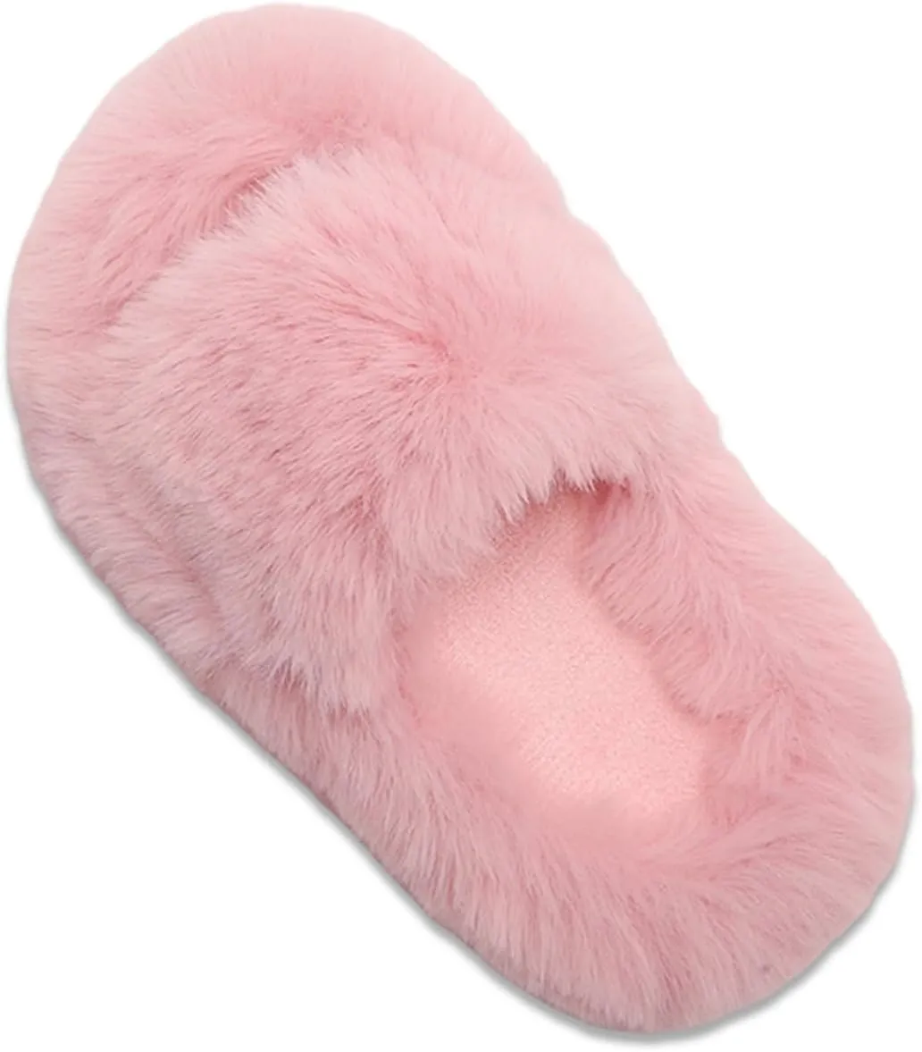 Girl's Fuzzy Fluffy Furry Slippers Fur Flip Flop Open Toe Slippers Cross Band Shoes Slides for Girls House Home Indoor Outdoor