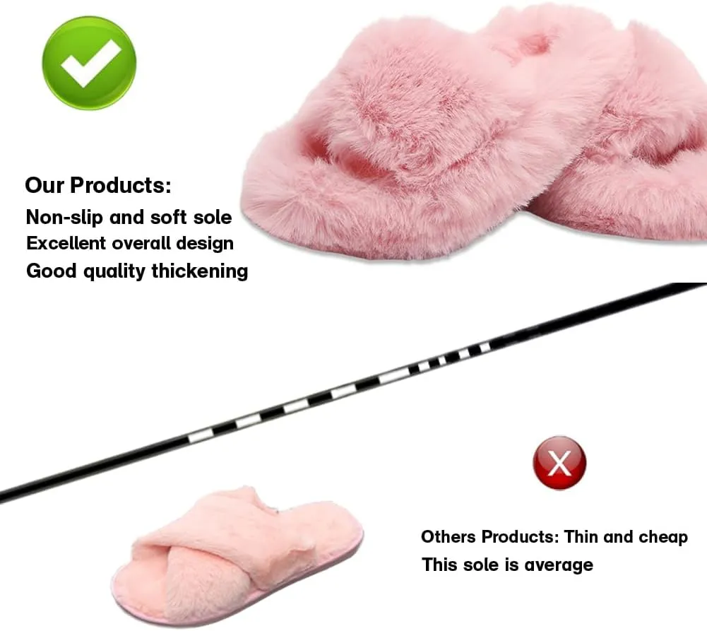 Girl's Fuzzy Fluffy Furry Slippers Fur Flip Flop Open Toe Slippers Cross Band Shoes Slides for Girls House Home Indoor Outdoor