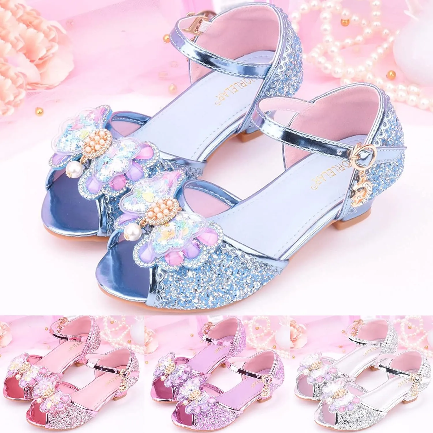 Girls Glitter Butterfly Sandals Low Heels Shiny Dress Shoes with Bow Party Wedding Flower Shoes for Toddler Kids
