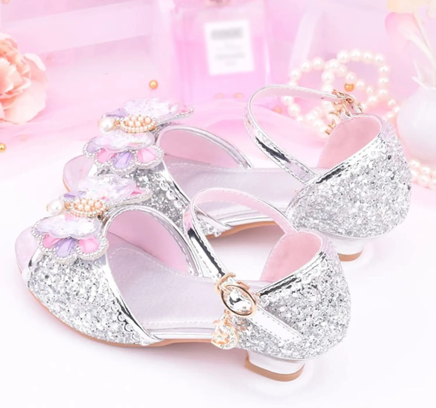 Girls Glitter Butterfly Sandals Low Heels Shiny Dress Shoes with Bow Party Wedding Flower Shoes for Toddler Kids