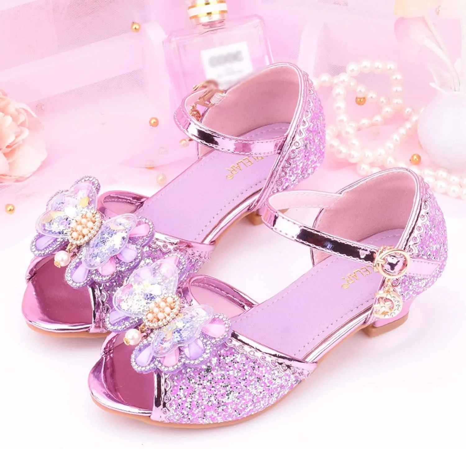 Girls Glitter Butterfly Sandals Low Heels Shiny Dress Shoes with Bow Party Wedding Flower Shoes for Toddler Kids
