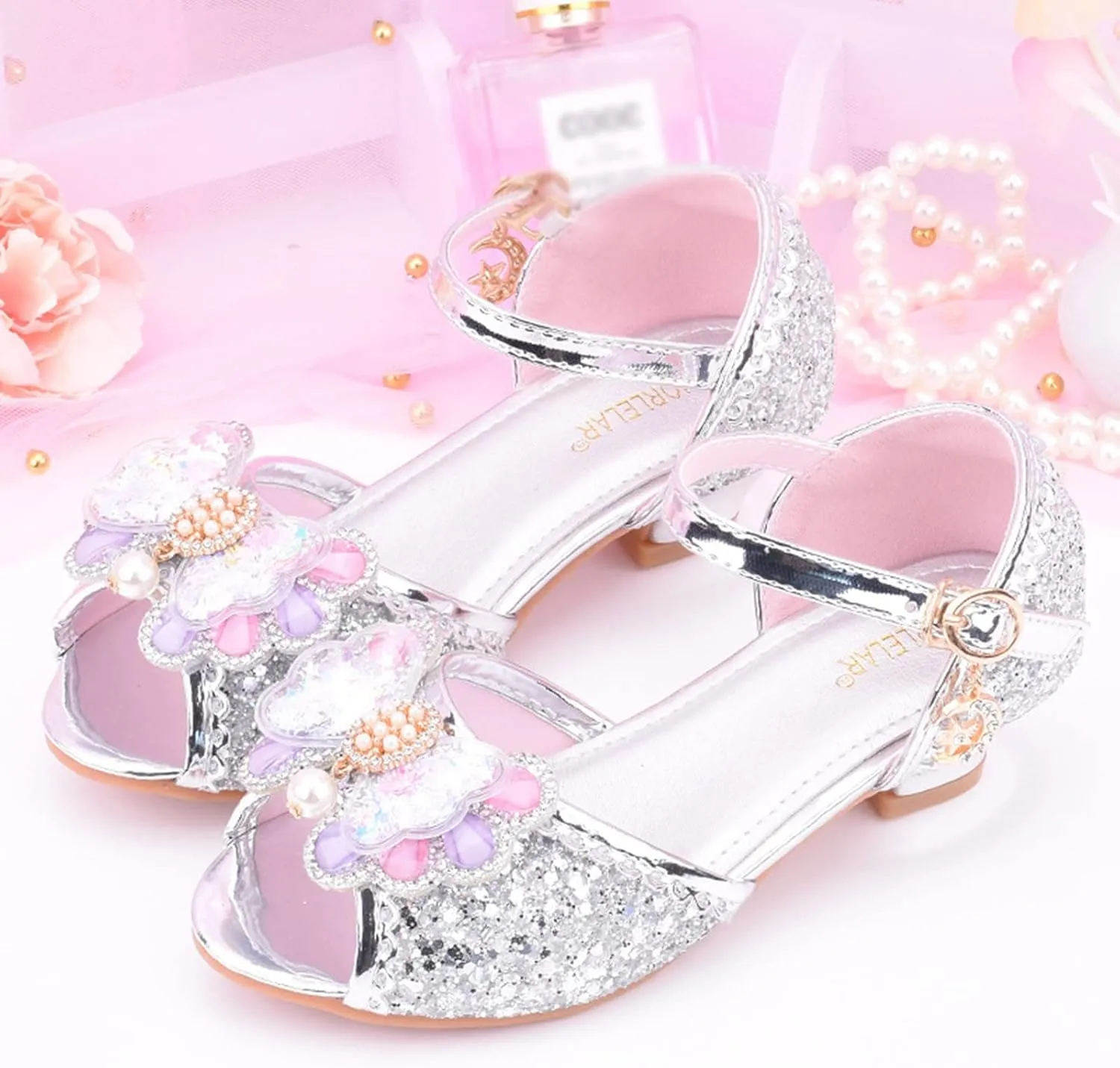 Girls Glitter Butterfly Sandals Low Heels Shiny Dress Shoes with Bow Party Wedding Flower Shoes for Toddler Kids