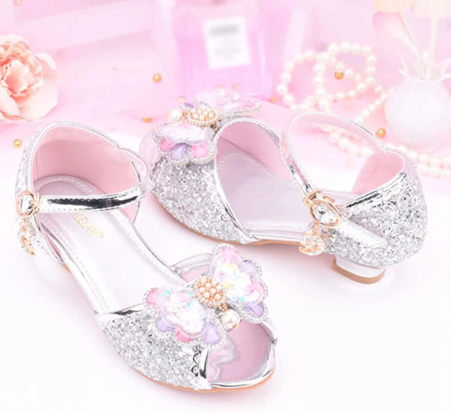 Girls Glitter Butterfly Sandals Low Heels Shiny Dress Shoes with Bow Party Wedding Flower Shoes for Toddler Kids
