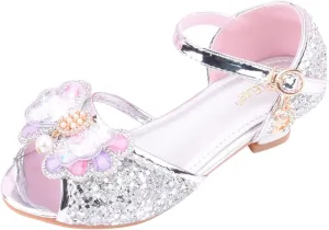 Girls Glitter Butterfly Sandals Low Heels Shiny Dress Shoes with Bow Party Wedding Flower Shoes for Toddler Kids