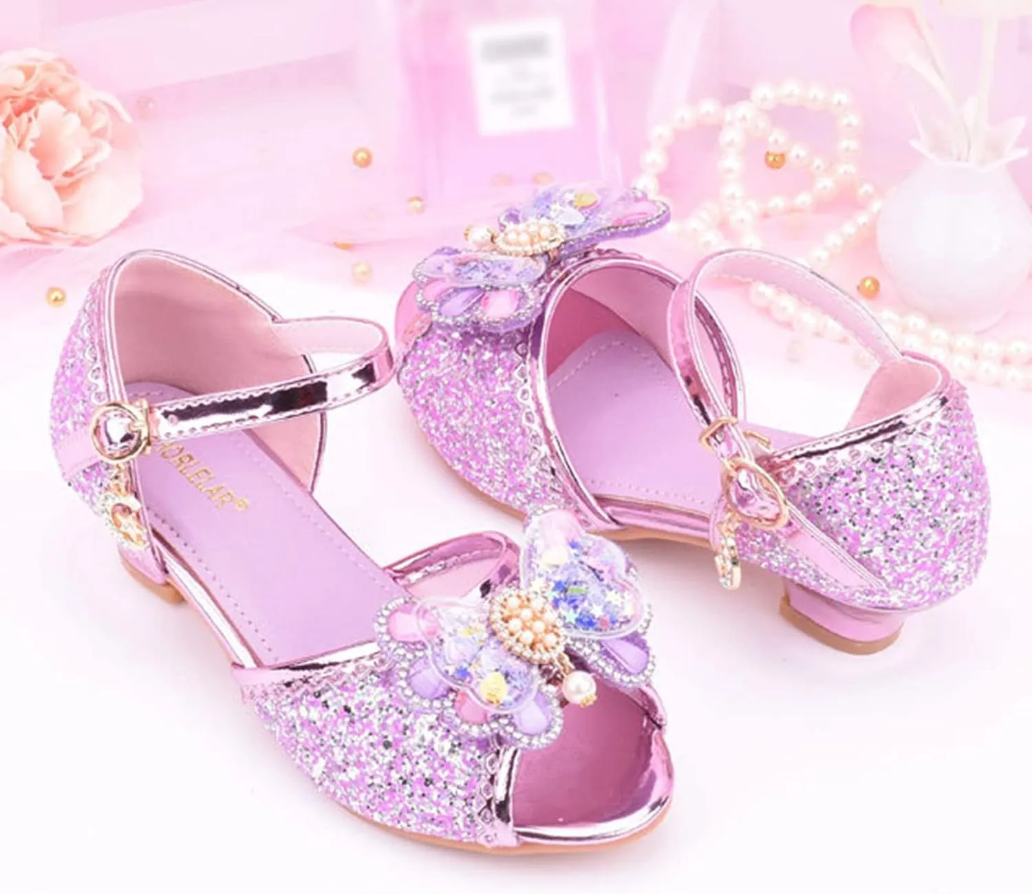 Girls Glitter Butterfly Sandals Low Heels Shiny Dress Shoes with Bow Party Wedding Flower Shoes for Toddler Kids