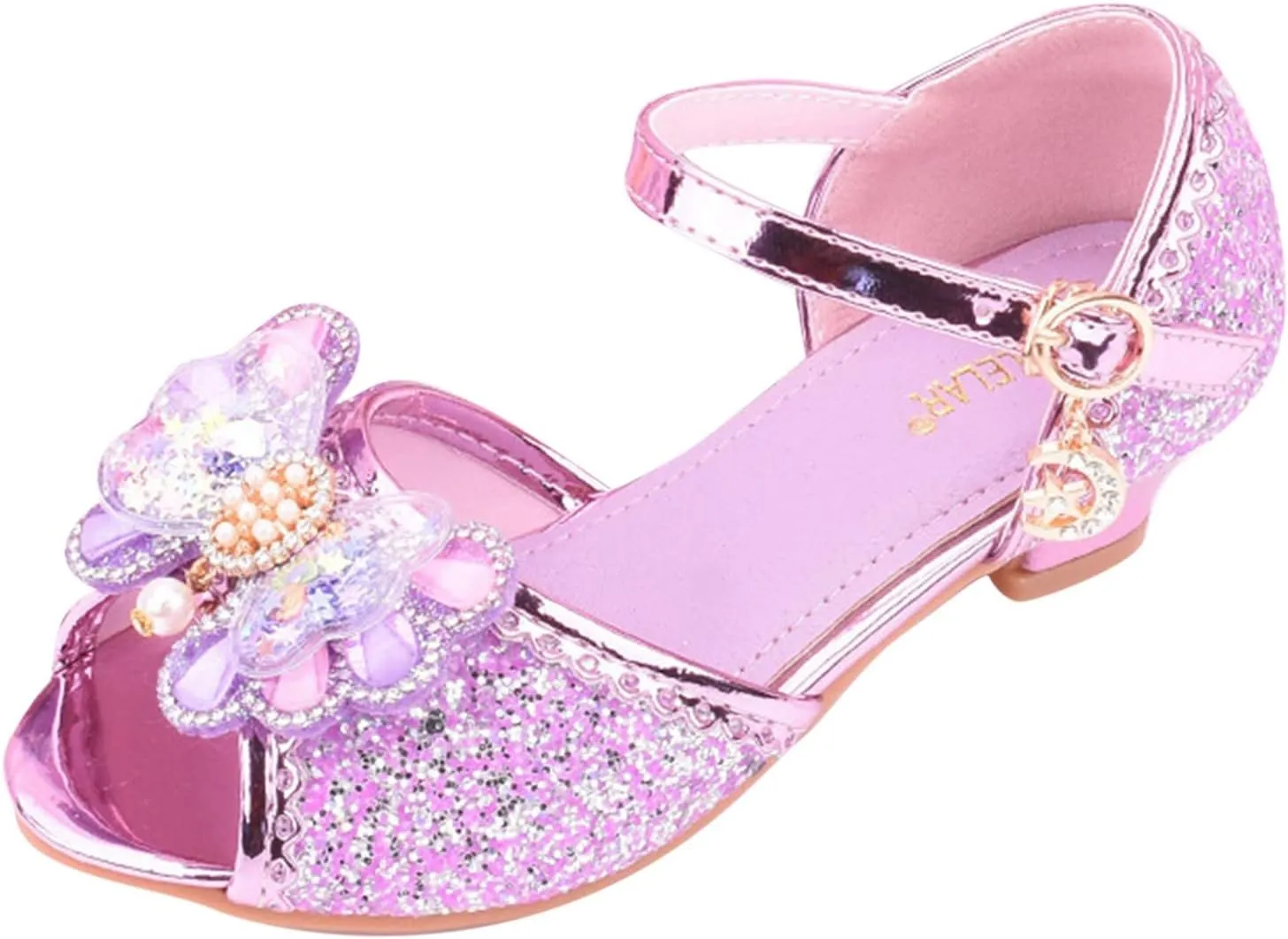 Girls Glitter Butterfly Sandals Low Heels Shiny Dress Shoes with Bow Party Wedding Flower Shoes for Toddler Kids